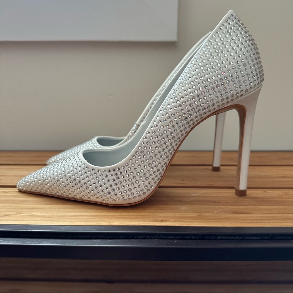 SCHUTZ Lou White High Heel Pumps with Silver Crystals